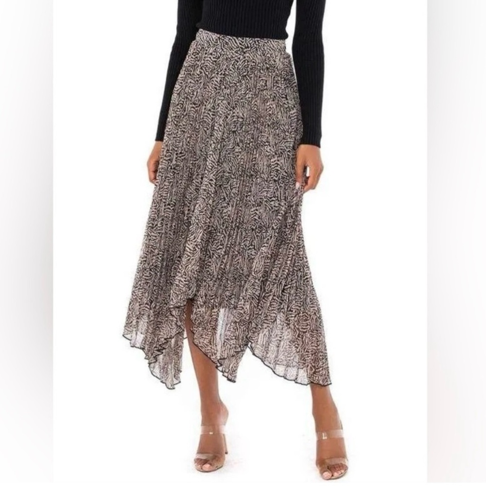 Astr Asymmetrical Pleated Midi Skirt in Black and Cream Zebra Print